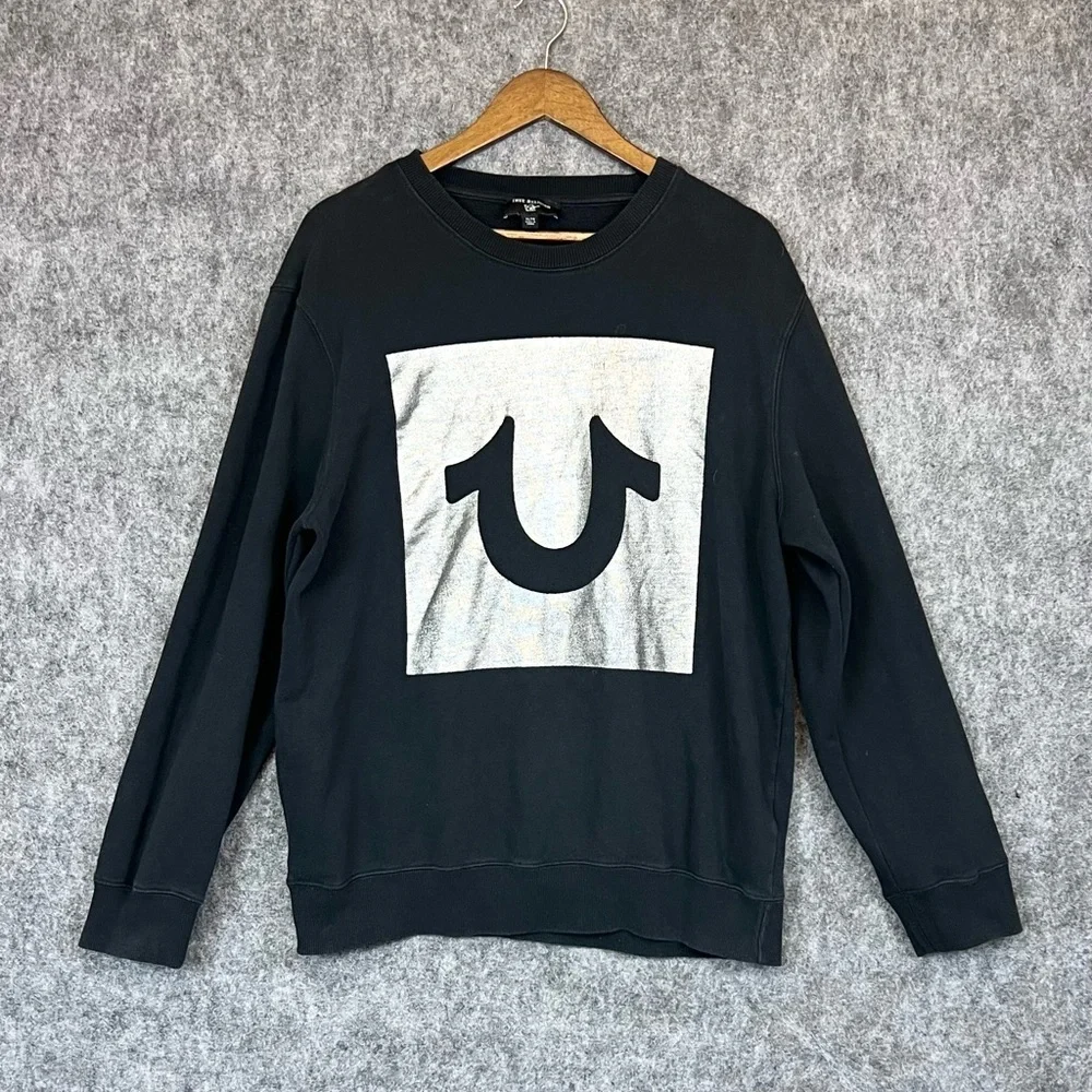 True Religion Men's Metallic Logo-Print Cotton Jersey Crew Sweatshirt Size XL